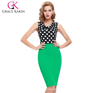 2016 New Arrival Occident Women's Slim Fit Sleeveless Green V-Neck Polka Dots Splicing Short Pencil Dress CL009265-2